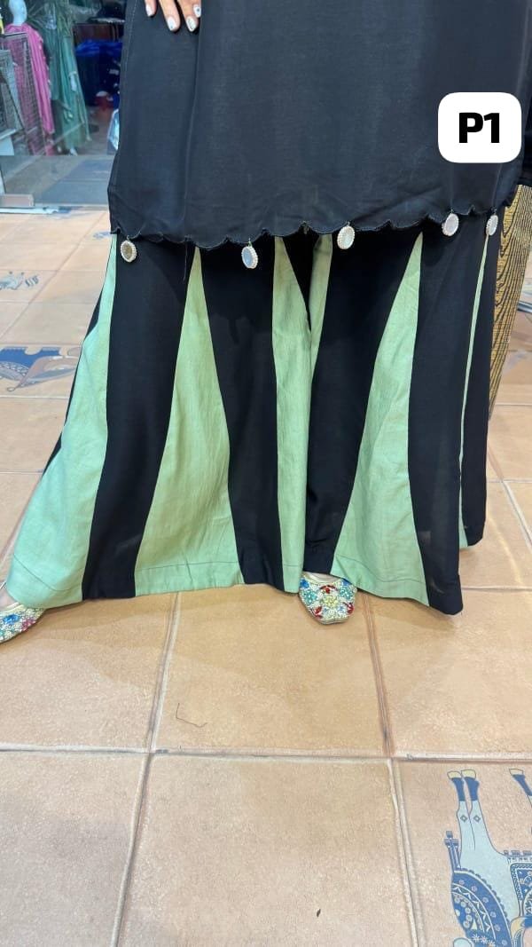 Black Cotton Embroidered Kurti Sharara Cord Set